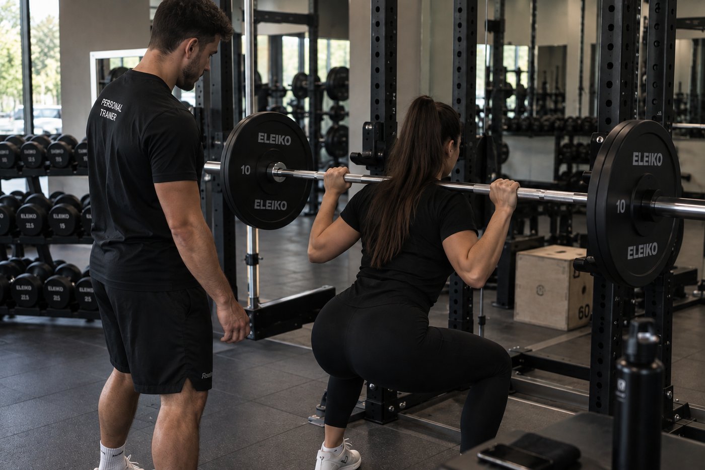 Personal trainer di Iron Fitness segue un'atleta durante uno squat con bilanciere