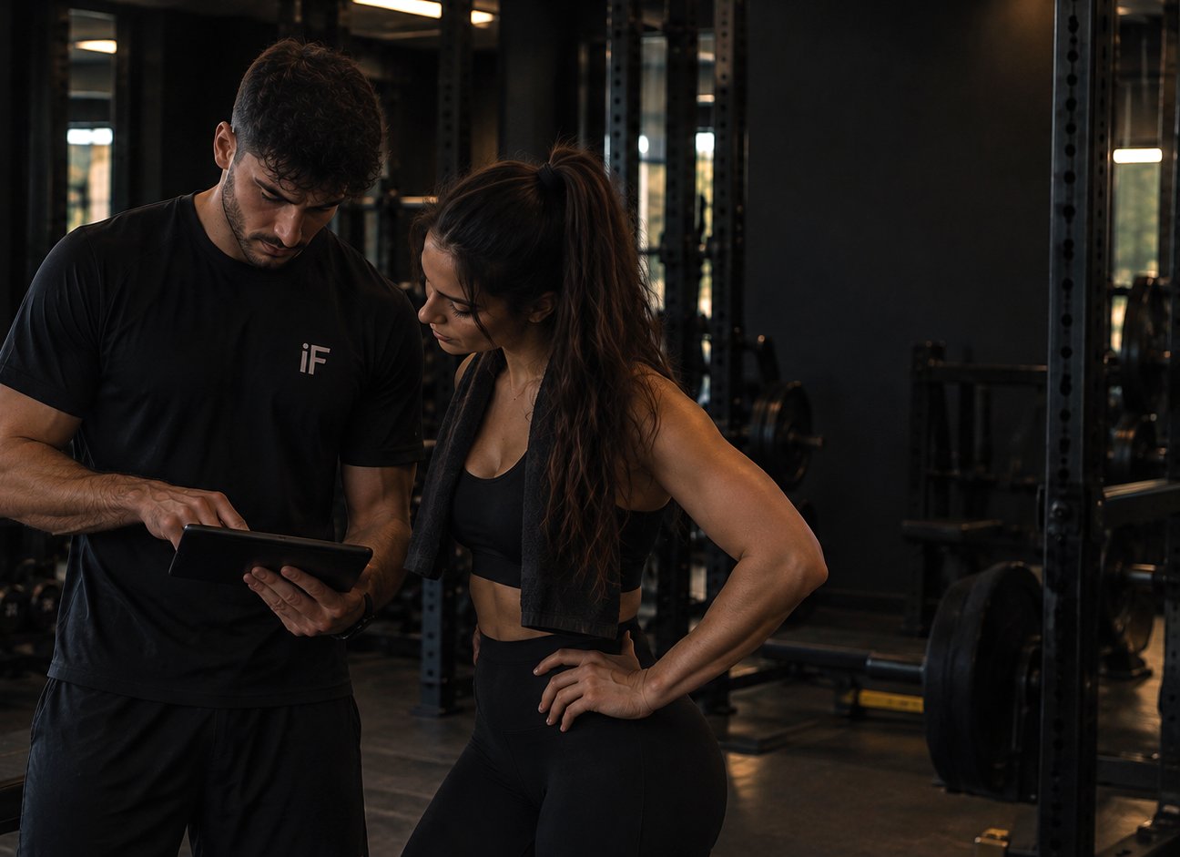 Coach di Iron Fitness rivede il programma personalizzato su tablet insieme a un'atleta