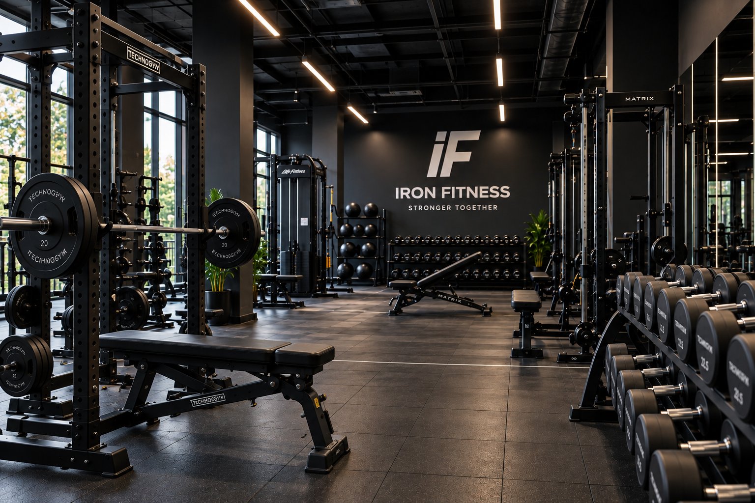 Interno della sala pesi di Iron Fitness, rack e attrezzatura professionale